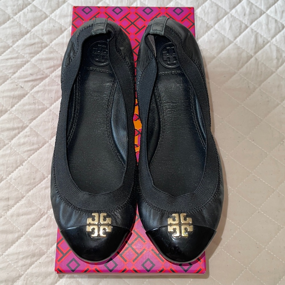 Tory Burch Claire Elastic Ballet Black Leather Flats